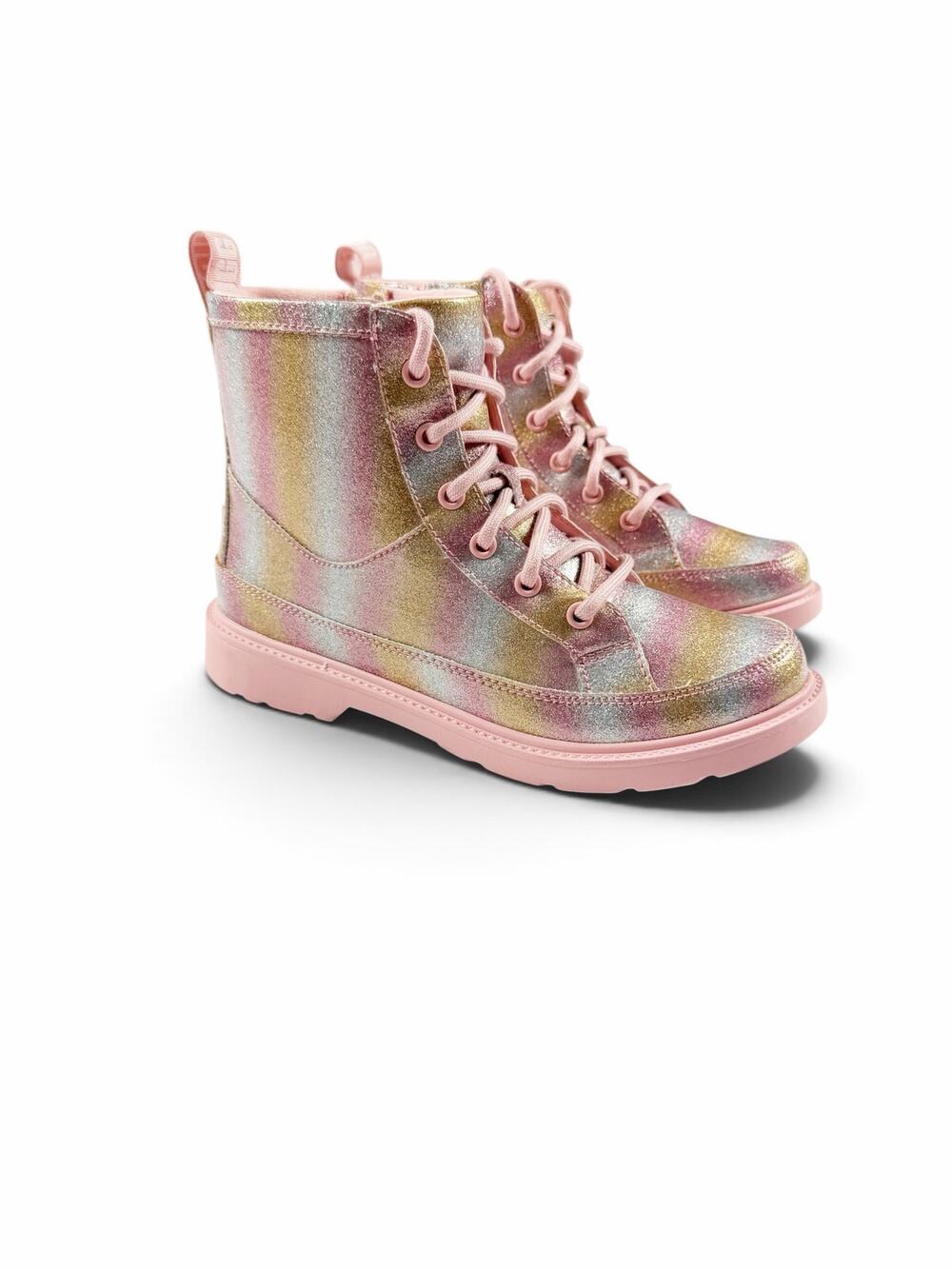 NEW UGG Robley Glitter Combat Boots Metallic Rainbow Pink Kids Size 5